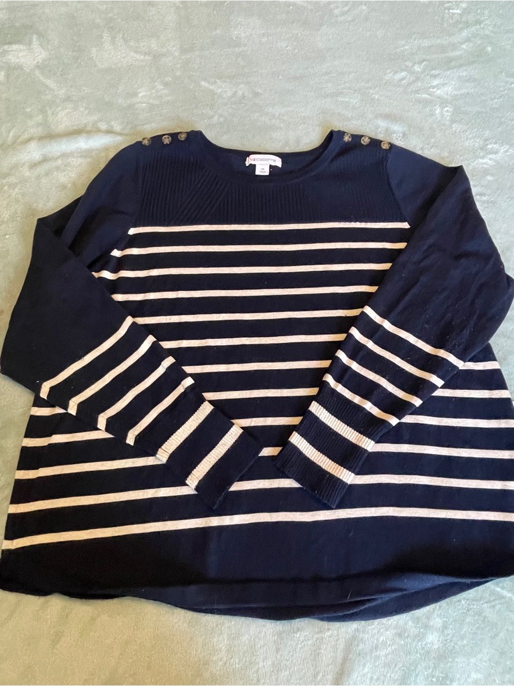 Liz Claiborne Navy & White Striped Button-Shoulder Sweater